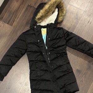 Girls Long Black Parka with Faux Fur Hood